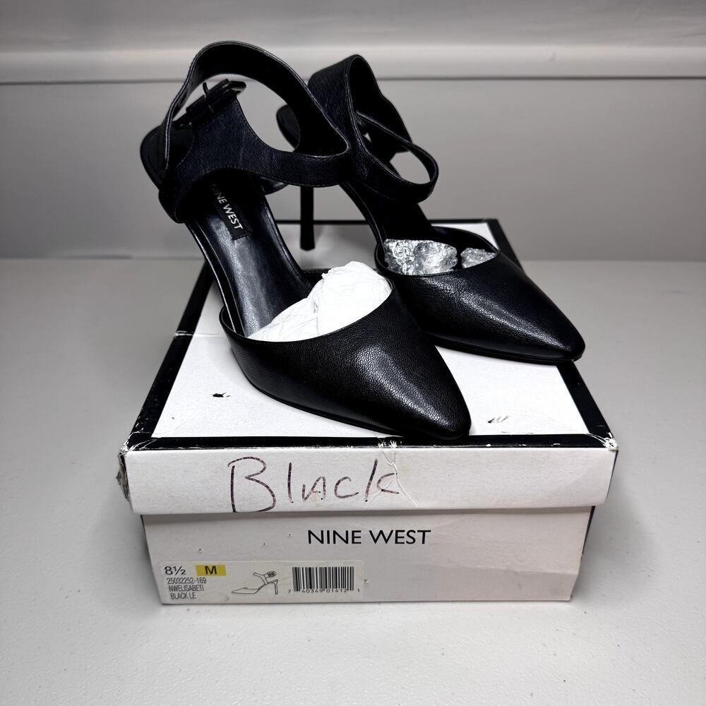 Nine West Black Leather Pointy Toe Pumps W/ Ankle Strap Women's 8.5